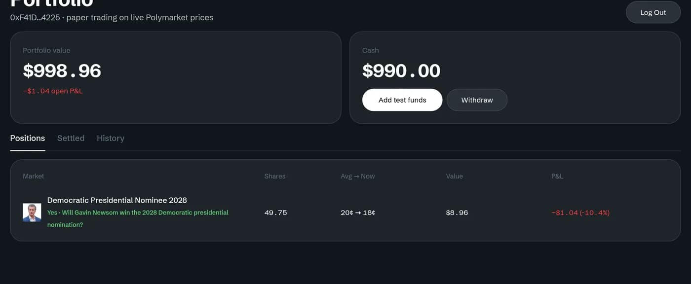 Portfolio with the Add test funds button